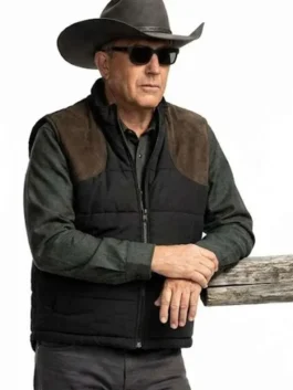Black parachute Yellowstone Kevin Costner Black Puffer Vest showcasing a sleeveless cut and lightweight quilted design.